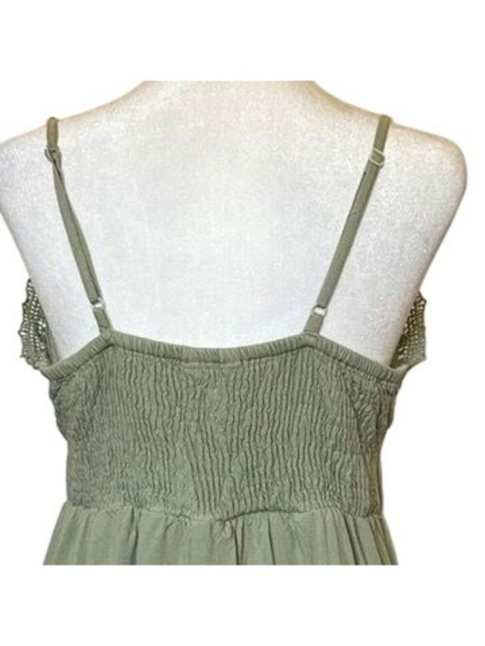 Sim & Sam Womens Sz M Maxi Dress Sage Green Crochet Smocked Forest Fairy Earthy - Picture 6 of 14